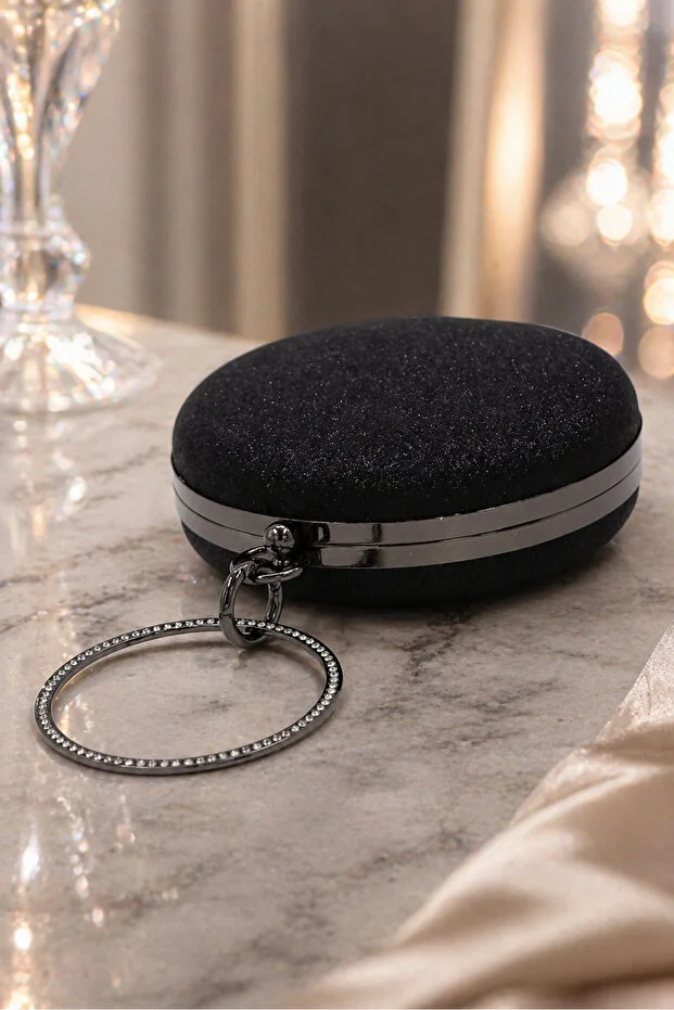 Black Women's Round Shaped Stone Detailed Chain Strap Evening Dress Clutch Bag Stylish Evening Event Bag