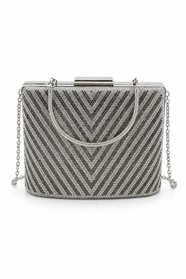 Stoned Silver Women's Evening Dress Handbag with Stone Detail and Chain Strap, Stylish Evening Event Clutch Model, Elegant